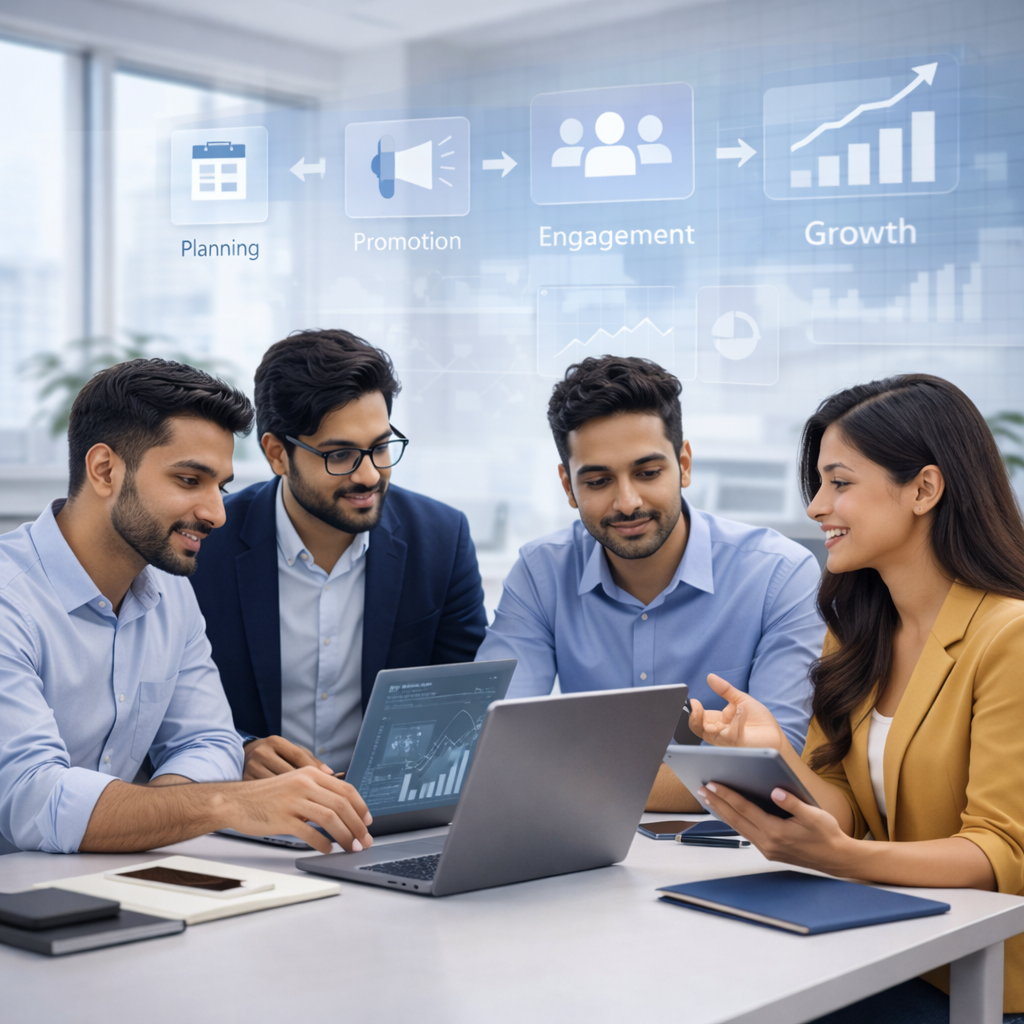 YT Boss team working on a structured digital marketing process showing planning, promotion, engagement, and growth in a modern office