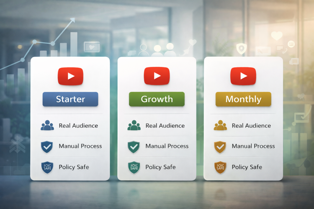 YT BOSS YouTube promotion packages, manual policy safe growth plans, real audience reach