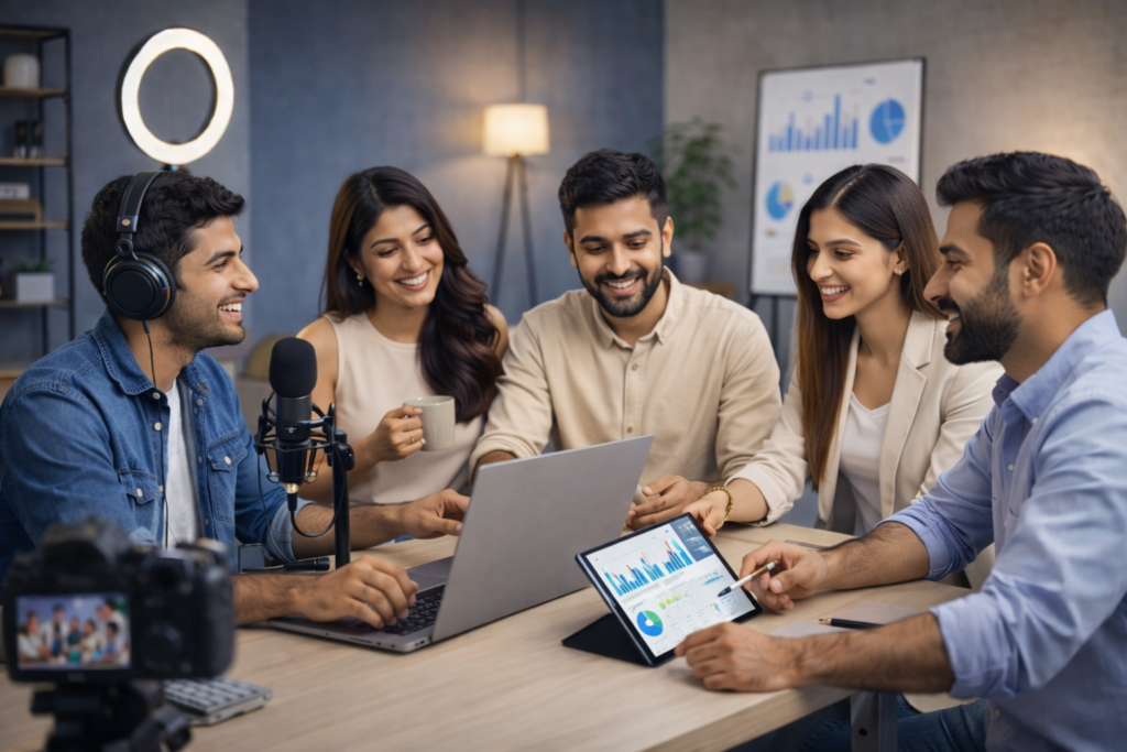 Indian influencers and creators collaborating in a professional studio for YouTube promotion and influencer marketing with YT Boss